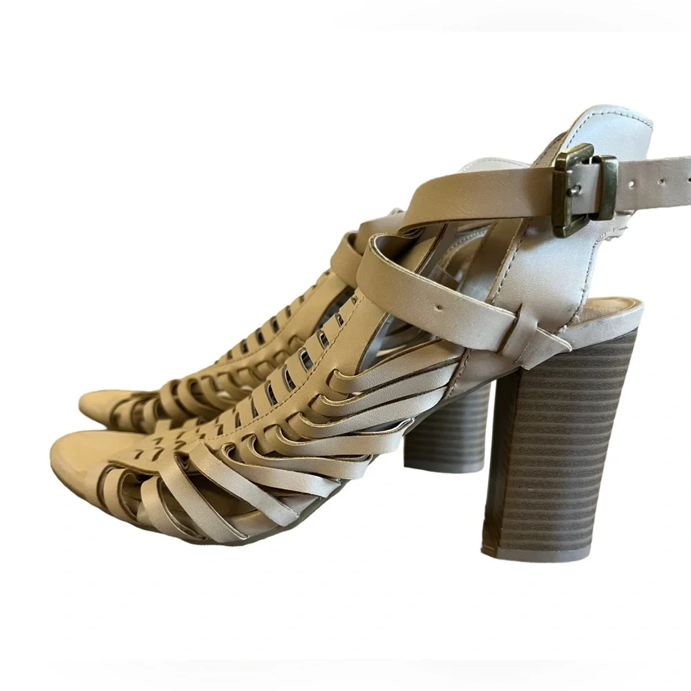 American Eagle Women's Size 8 Peep-Toe, Strappy Heels/ Tan/ Block Wood Heel